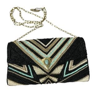 Mary Frances Beaded Handbag Purse Black Chain Strap Arrowhead Gem Embellish EUC